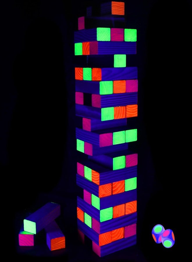 Ahuimeius 54 Piece Glow Tumble Tower Board Games, Glow in The Blacklight Tumble Tower, Indoor/Outdoor Board Game for Adults for Family Game Night - Image 1
